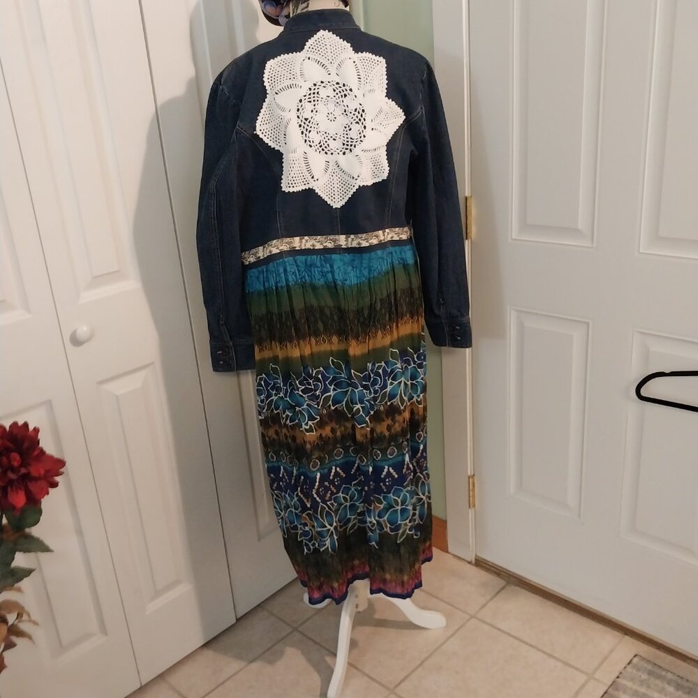 3548 Size XL Upcycled Lands End Jean Jacket Tunic with Crochet Embellishments. - Picture 9 of 9